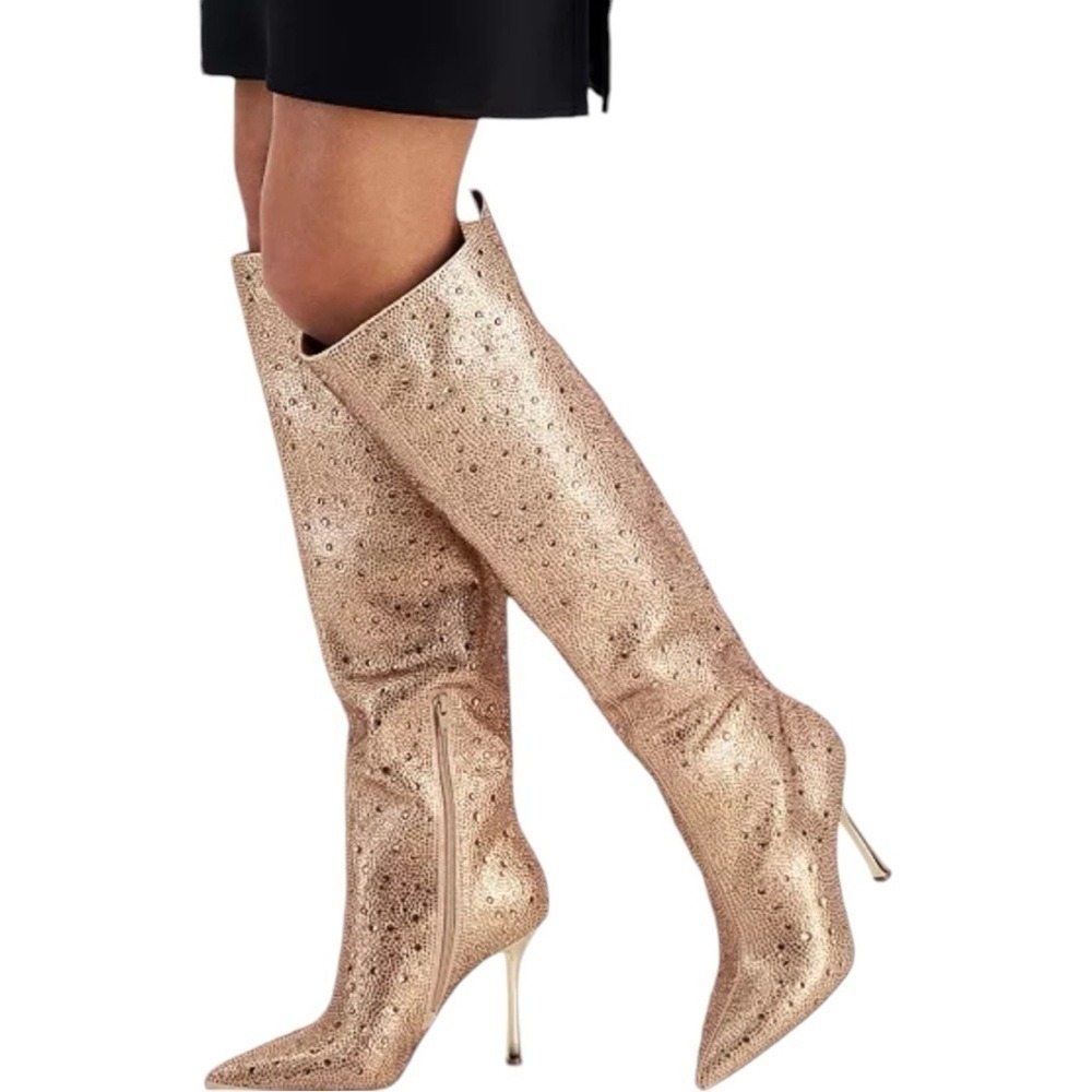 INC Saveria Over the Knee Slouch Boots Women 5 Gold New Bling Stiletto Pointed